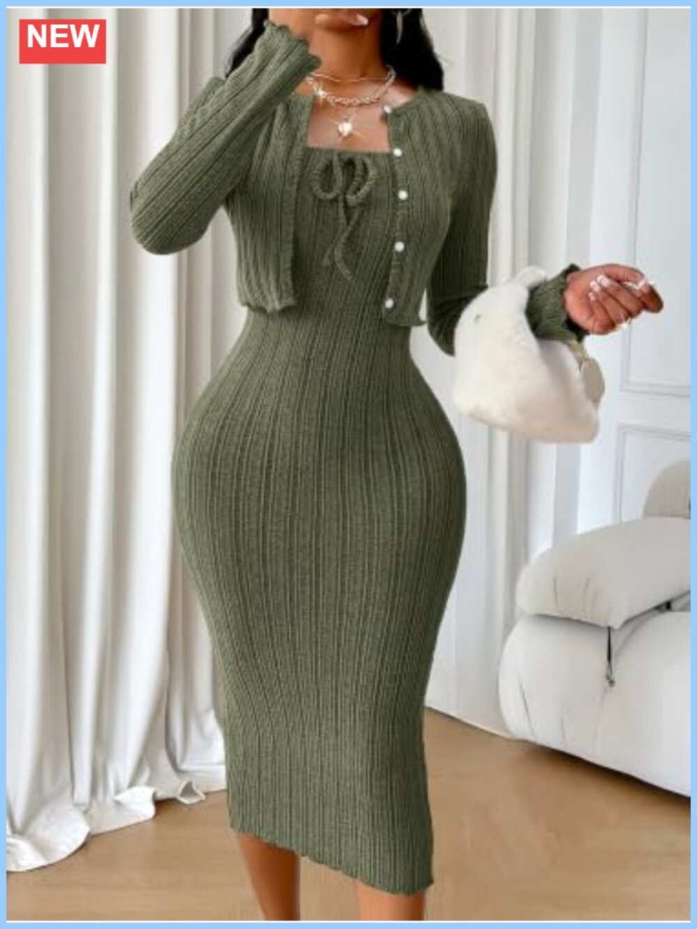 Ribbed Knit Two Piece Set Bow Tie Camisole Dress Short Coat Womens Outfit